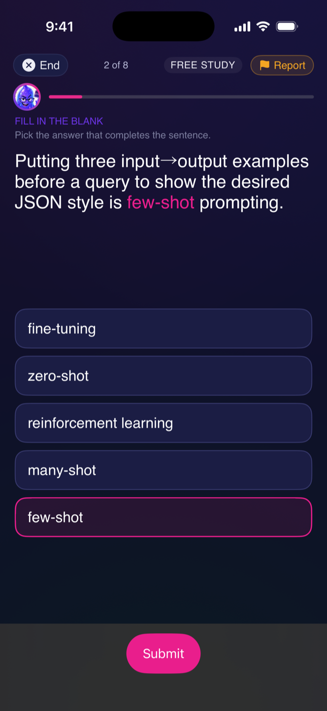 A fill-in-the-blank card completing the sentence inline as the answer is selected