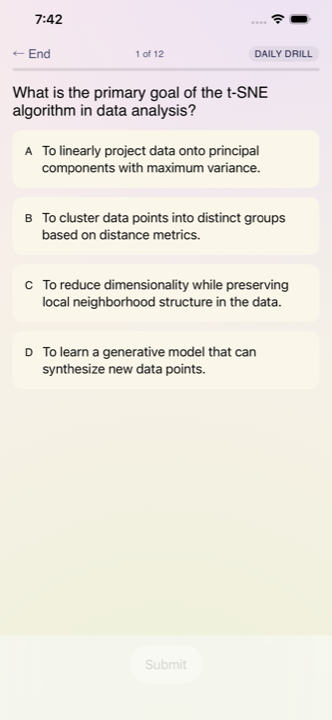 A study card showing a calibrated difficulty rating and a source-checked question